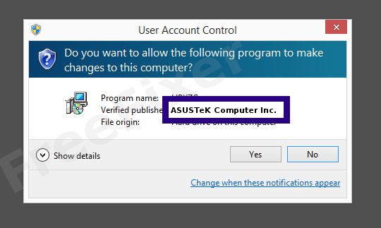 Screenshot where ASUSTeK Computer Inc. appears as the verified publisher in the UAC dialog